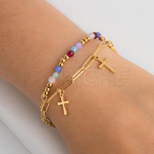 Pulseira em aço Cruz missanga